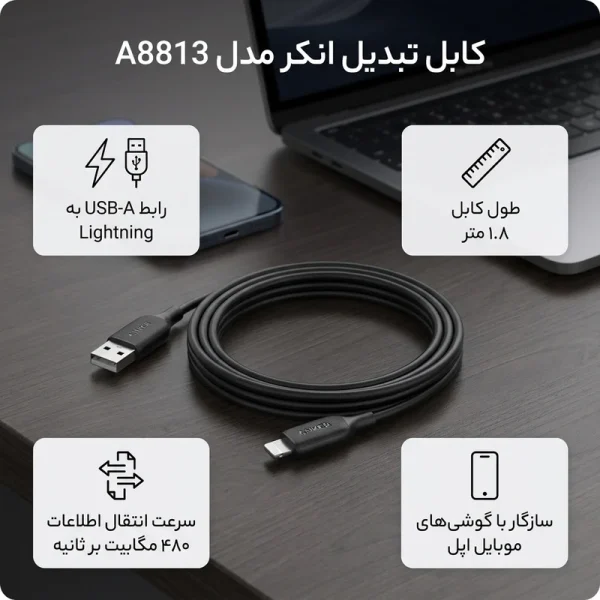 کابل شارژ آیفون انکر مدل PowerLine III A8813H21 مشکی - Image 2